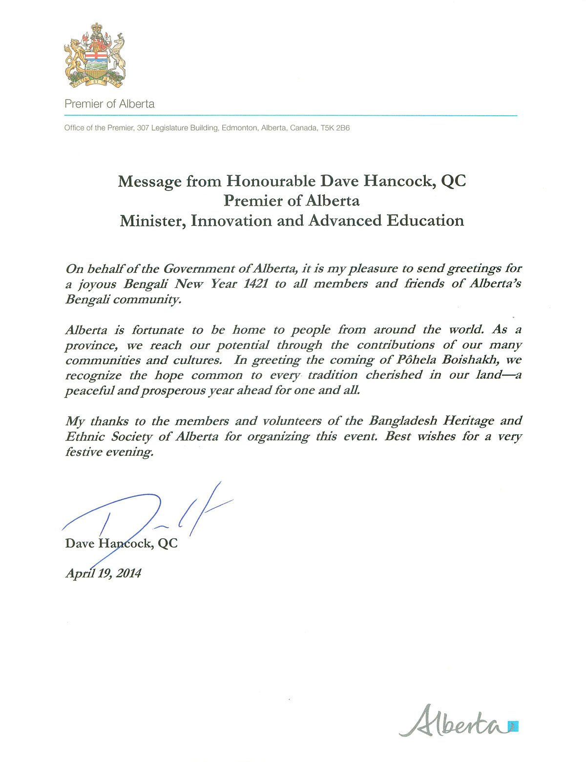 Message from the Premier of Alberta, Hon. Dave Hancock